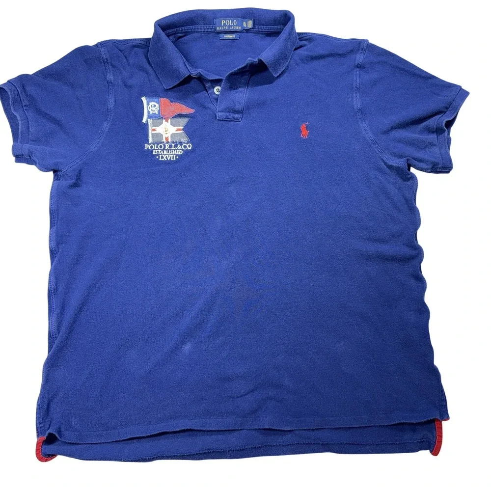 Polo Ralph Lauren XL Polo Shirt Mens Blue Custom Fit Nautical‎ Crest Flag Pony